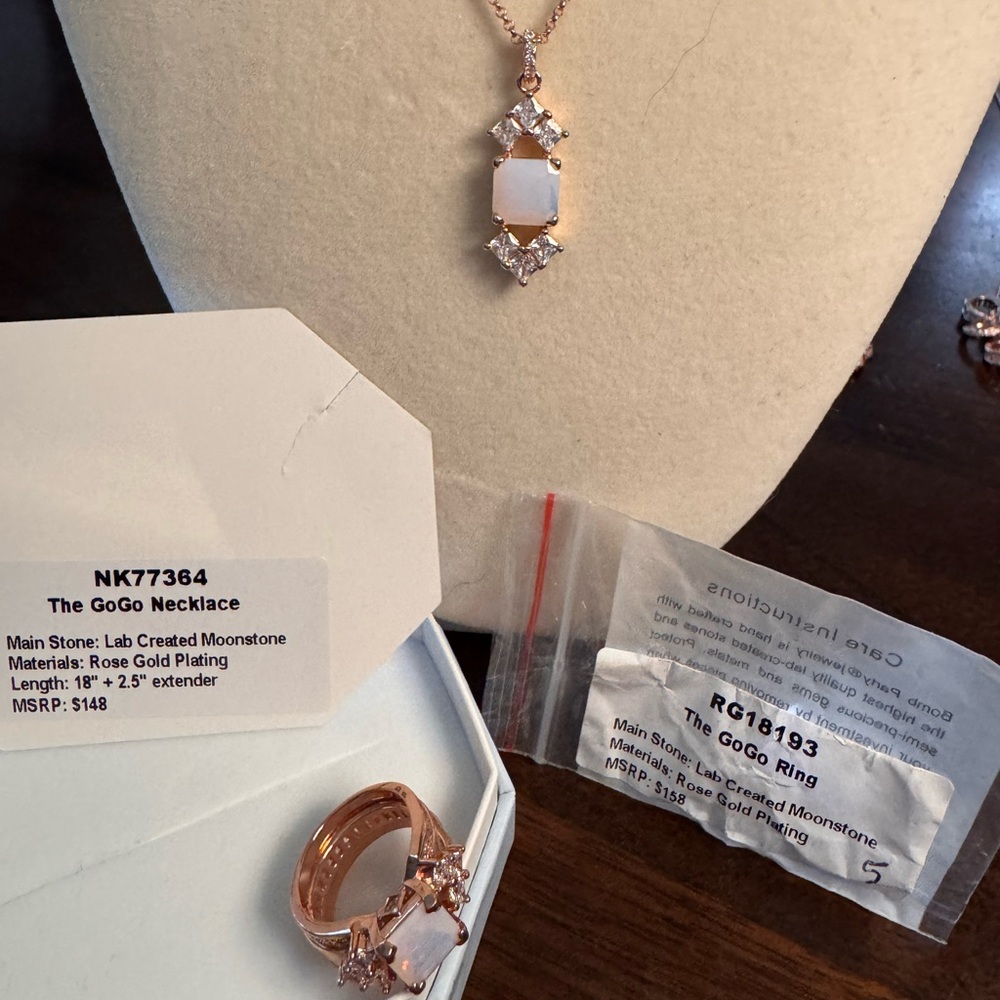 Bomb Party GoGo sz 5 Ring and Necklace Rose Gold Moonstone